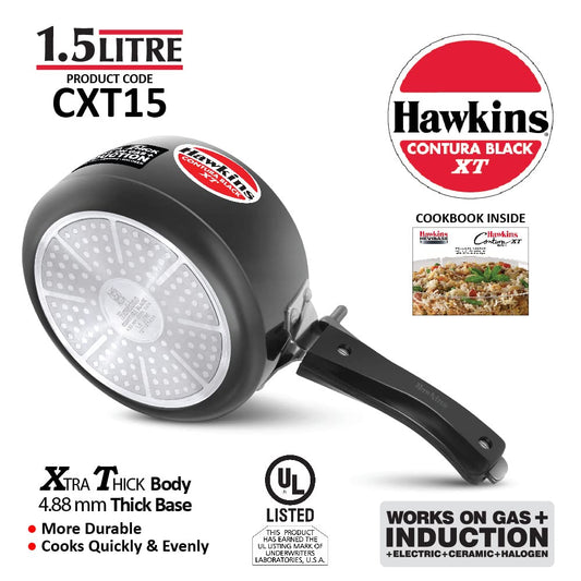 Hawkins Contura Black XT frying pan with product details on a white background