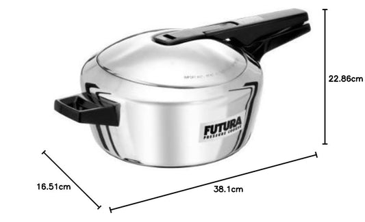 Pressure cooker with dimensions labeled on a white background
