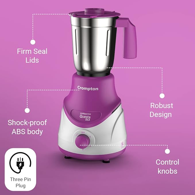 Purple and white blender with features highlighted on a purple background