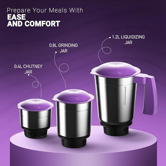 Set of kitchen jars with different capacities on a purple background