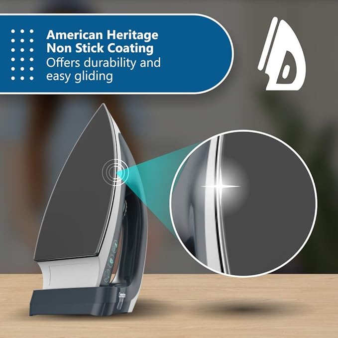 Iron with American Heritage non-stick coating feature on a wooden surface