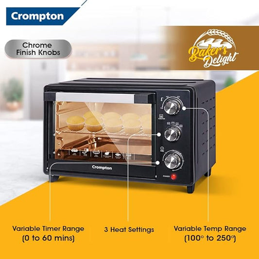Crompton toaster oven with features highlighted on a yellow background