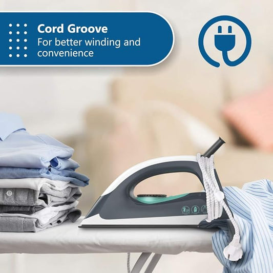Iron with cord groove feature on an ironing board, with text 'Cord Groove For better winding and convenience' and a power icon.