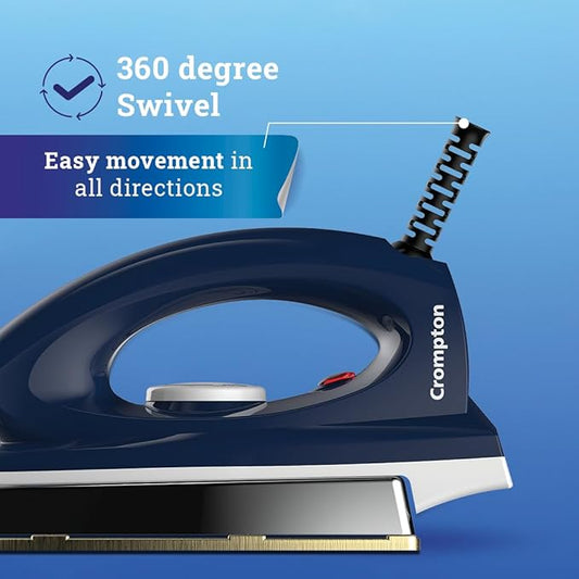 Crompton dry iron with 360-degree swivel feature on a blue background