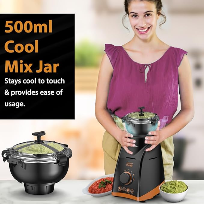 Woman holding a kitchen appliance with text about a 500ml cool mix jar