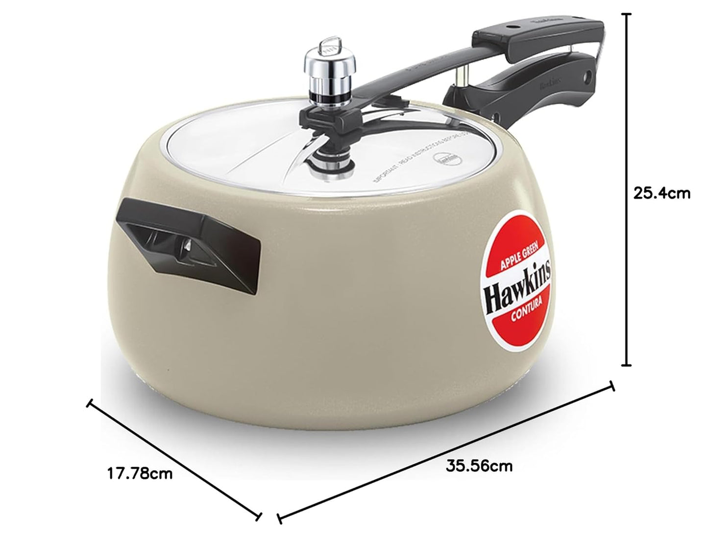 Beige pressure cooker with Hawkins branding and dimensions displayed
