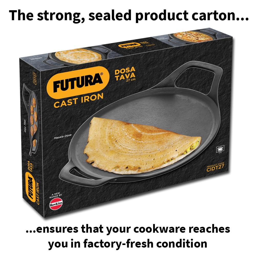 Hawkins Futura Cast Iron Dosa Tava Pre-Seasoned Cast Iron Flat Tawa for Roti, Dosa, and Pancakes