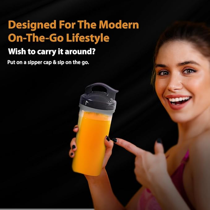 Woman holding a yellow drink in a shaker bottle with text about a modern lifestyle.