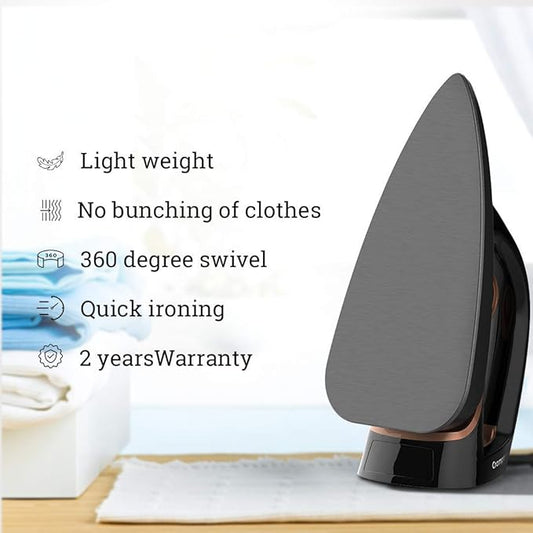 Black ironing board with text highlighting features on a blurred background