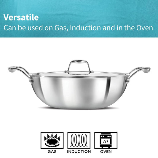 Stainless steel wok with lid on a white background, featuring icons for gas, induction, and oven use.