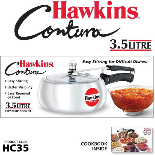 3.5 Litre Hawkins Contura pressure cooker with a bowl of food on a white background