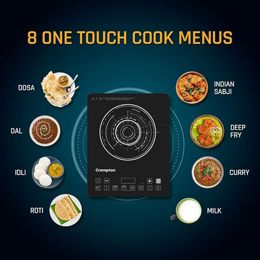 Crompton induction cooktop with 8 one-touch cooking menus displayed on a dark background