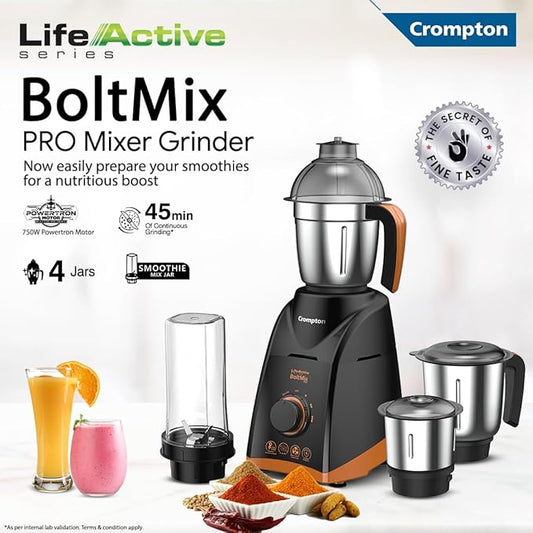 Crompton BoltMix Pro Mixer Grinder with additional jars and ingredients on a white background
