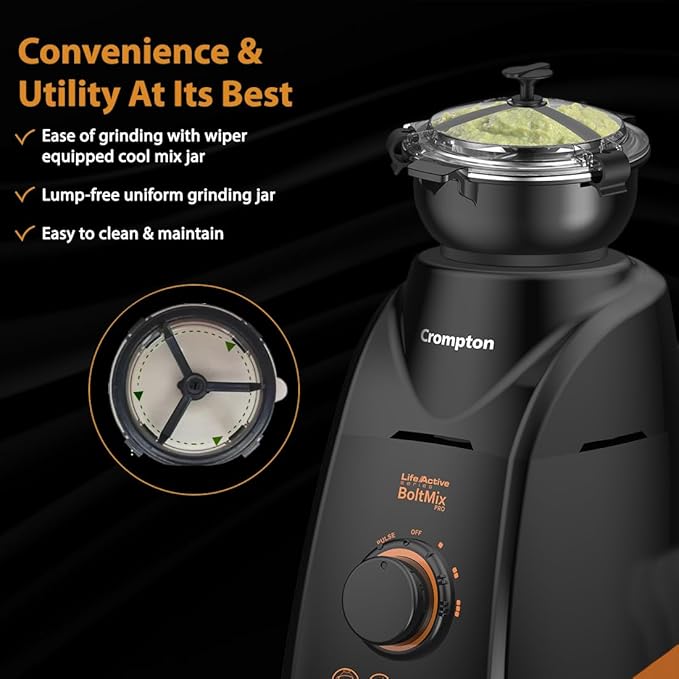Crompton blender with features highlighted on a black background