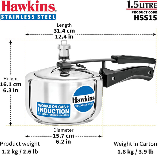 Hawkins stainless steel pressure cooker with dimensions and specifications on a white background