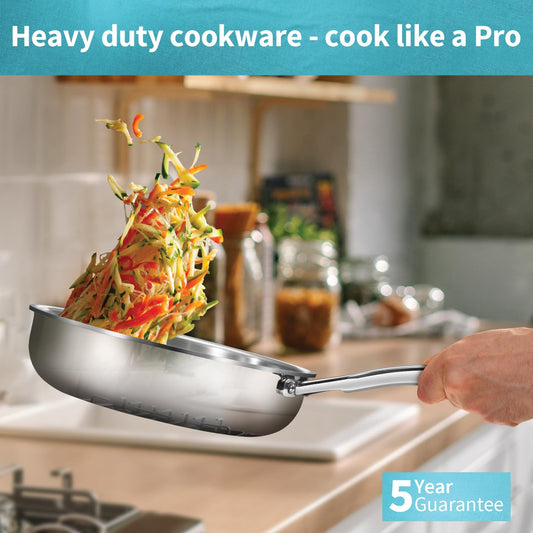 Heavy-duty cookware with vegetables being cooked, set against a kitchen background.