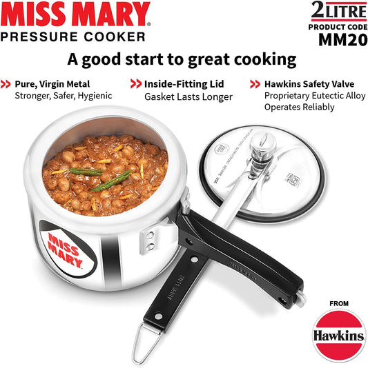 2 Litre Miss Mary pressure cooker with food inside, labeled as a good start to great cooking.
