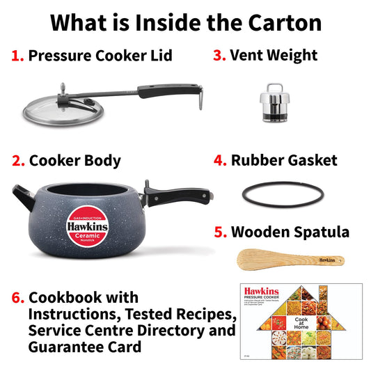 List of items included in a Hawkins pressure cooker carton with images and labels.