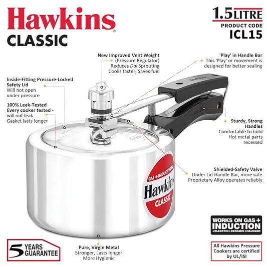 1.5 Litre Hawkins Classic pressure cooker with features and specifications on a white background