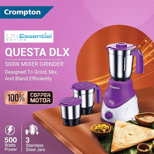Crompton Questa DLX mixer grinder with purple accents on a pink background