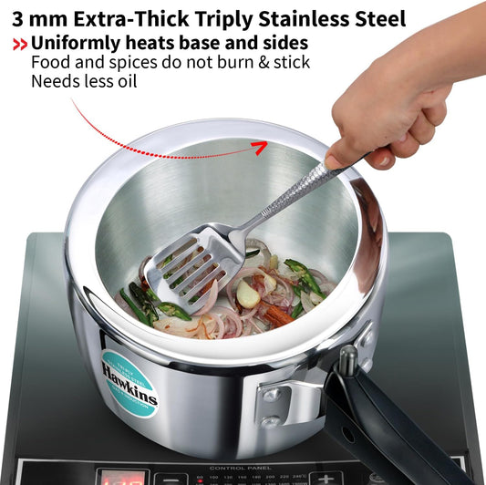 Stainless steel pot with food being stirred on a stove, highlighting features like thick triple stainless steel and reduced oil usage.