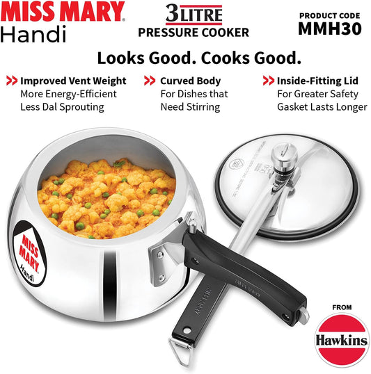 Miss Mary Handi pressure cooker with food inside, featuring Hawkins brand logo.