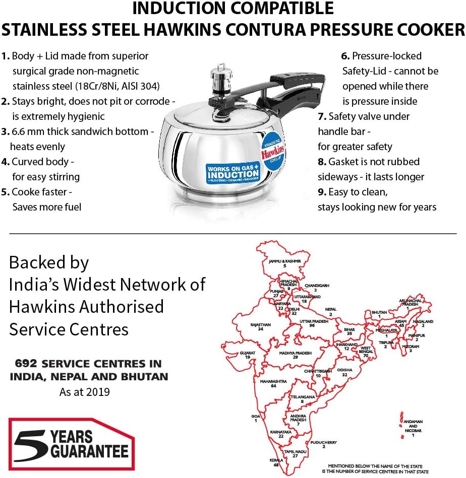 Hawkins Contura pressure cooker with features listed and a map of India showing service centers.