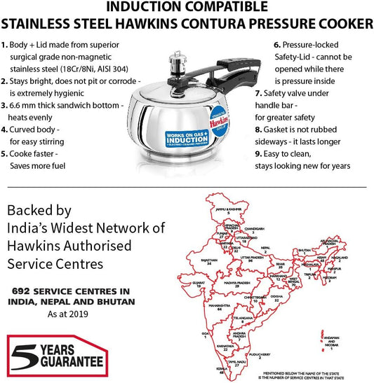 Hawkins Contura pressure cooker with features listed and a map of India showing service centers.