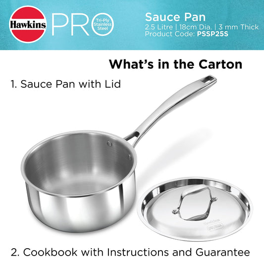 Stainless steel saucepan with lid on a white background, featuring Hawkins Pro branding.