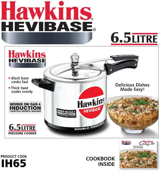 6.5 Litre Hawkins Hevibase 6.5 litre pressure cooker with a bowl of food on a white background