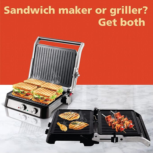 Multifunctional sandwich maker or griller with food items on a red background