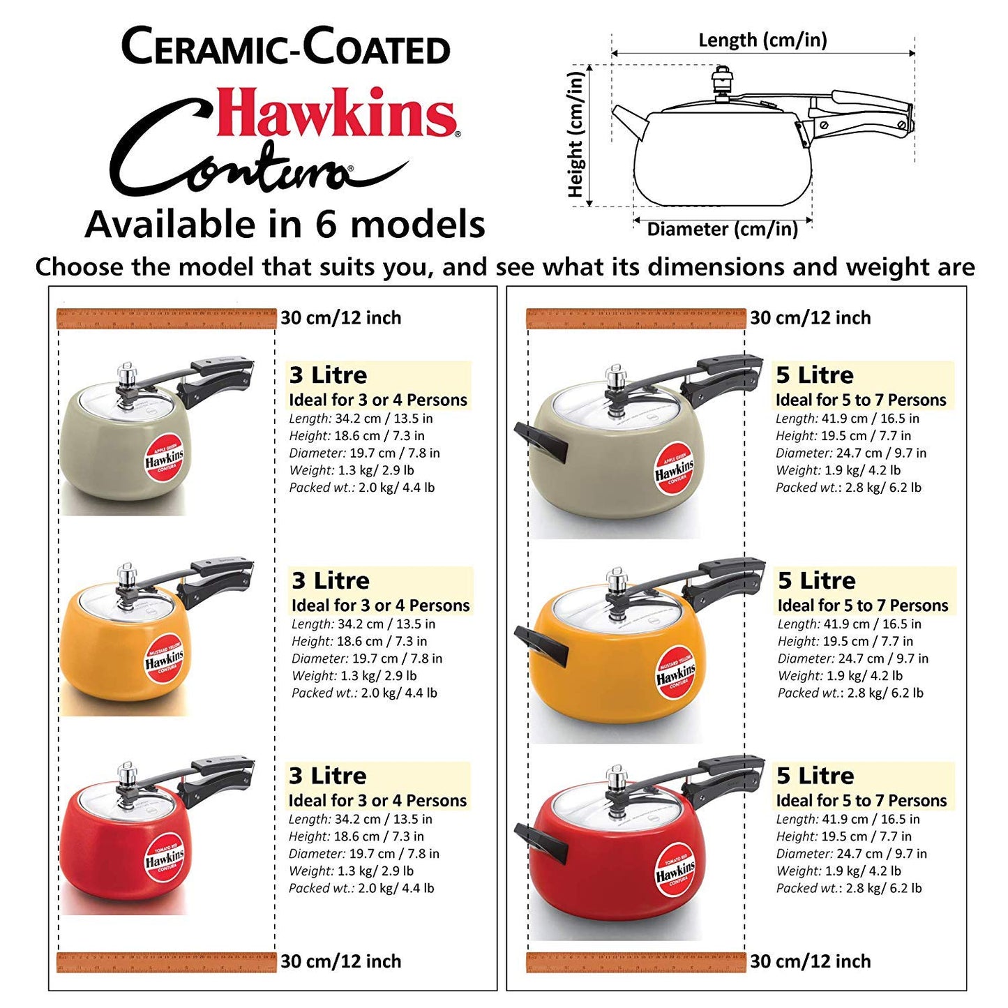 Ceramic-coated Hawkins Contura cookware set with dimensions and weight information.