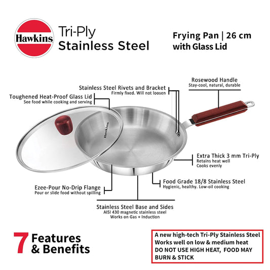Hawkins Tri-Ply Stainless Steel Frying Pan with Glass Lid - 1325.00 | Rasoi Bazaar