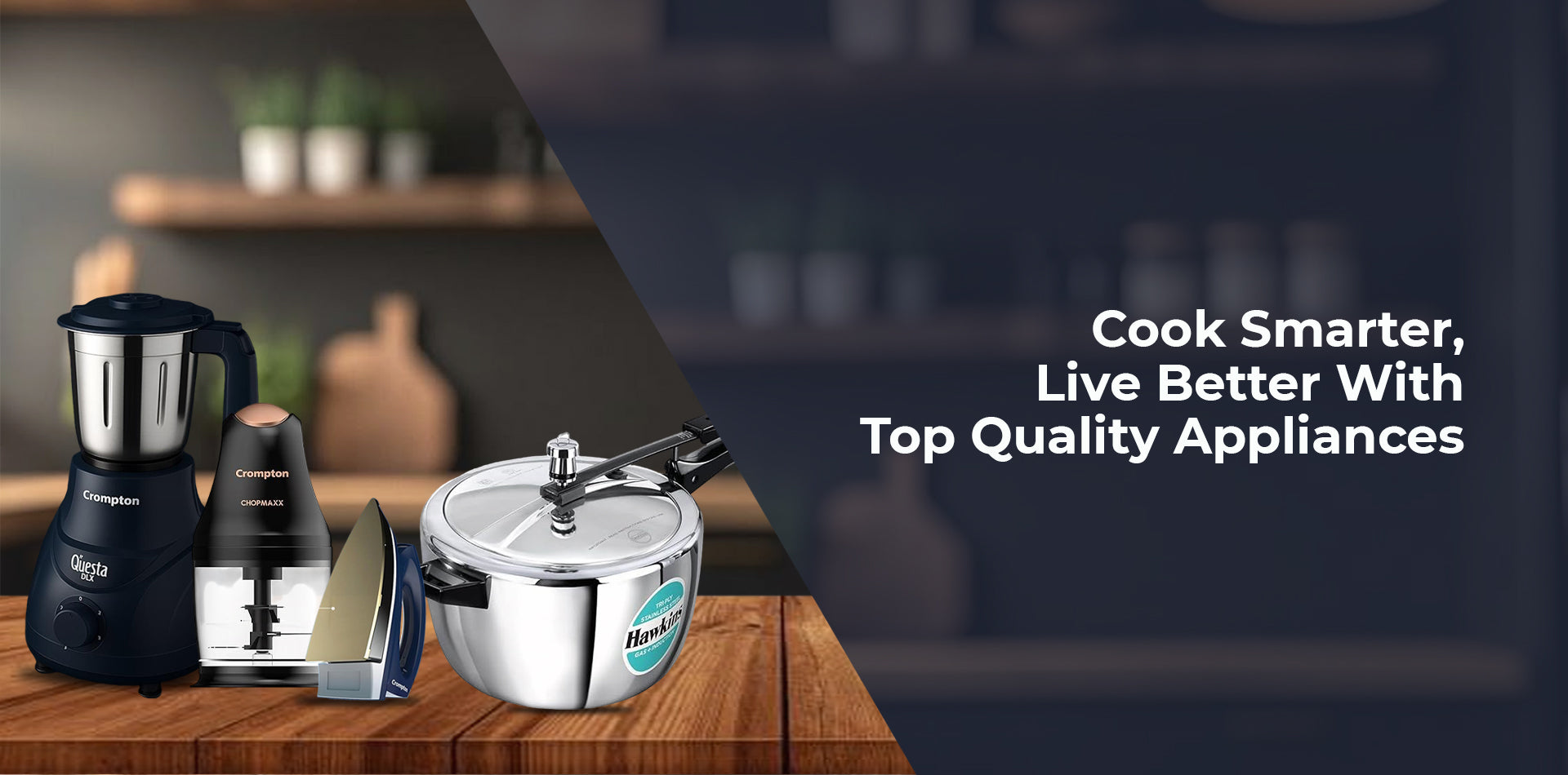 Set of kitchen appliances on a wooden table with a blurred background