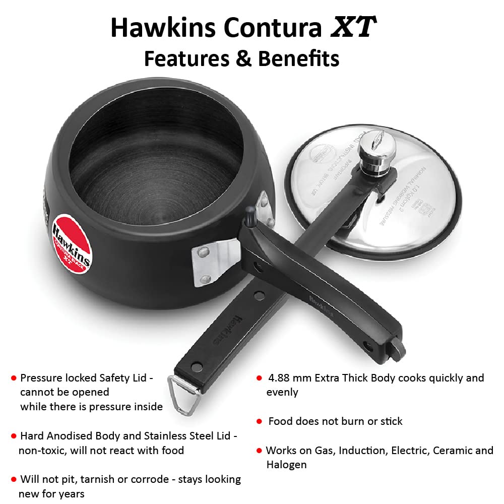 Hawkins Contura XT pressure cooker with features listed on a white background
