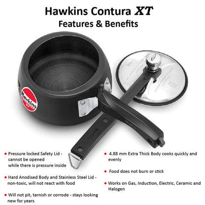 Hawkins Contura XT pressure cooker with features listed on a white background