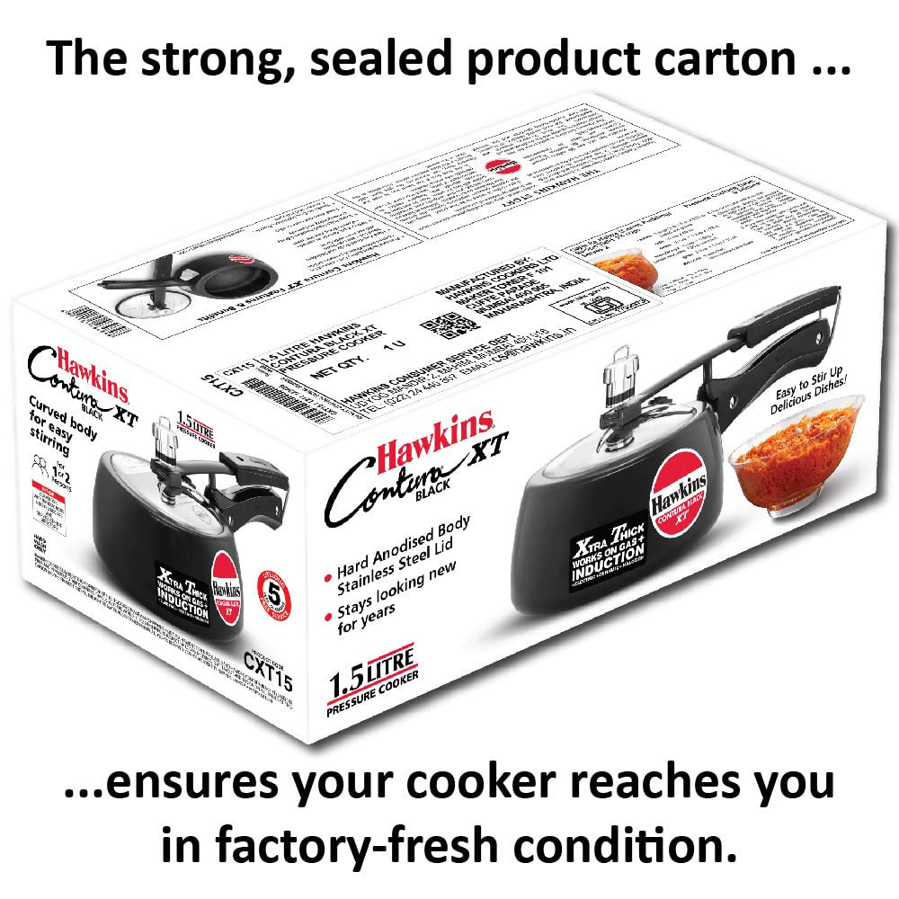 Hawkins Contura XT pressure cooker packaging with text on a white background