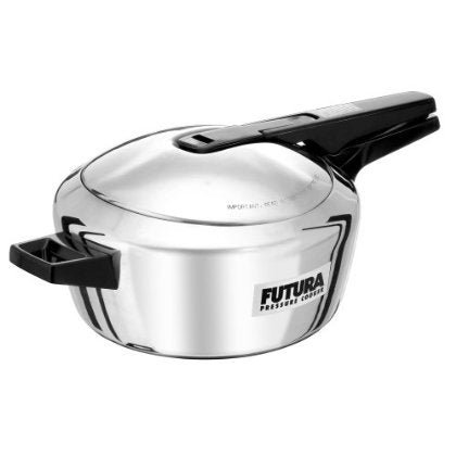 Silver pressure cooker with black handles on a white background, featuring the 'Futura' brand.