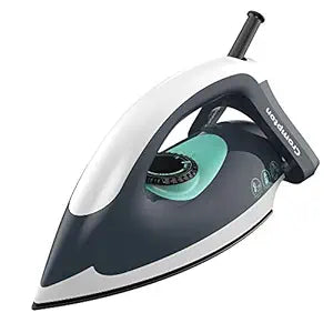 Black and white iron with teal accents on a white background