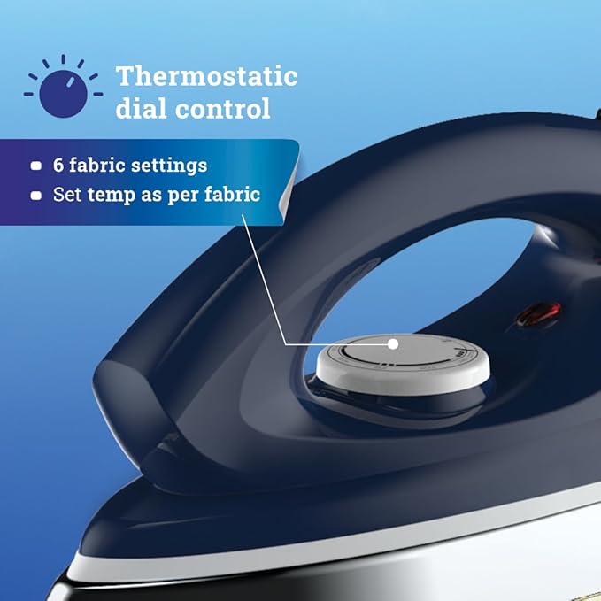 crompton Blue iron with thermostatic dial control on a blue background