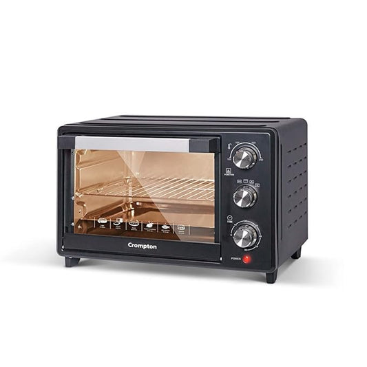 Black toaster oven with glass door on a white background