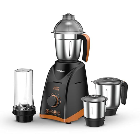 Crompton kitchen mixer grinder with attachments on a white background