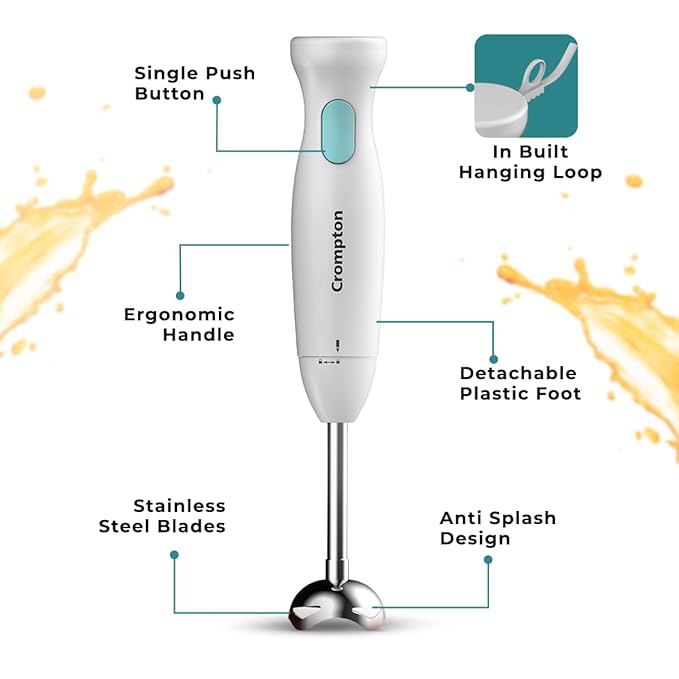 Crompton hand blender with features highlighted on a white background