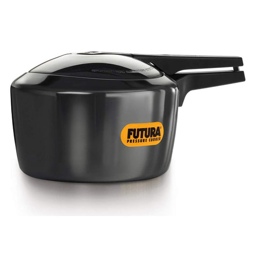 Black pressure cooker with 'Futura' branding on a white background