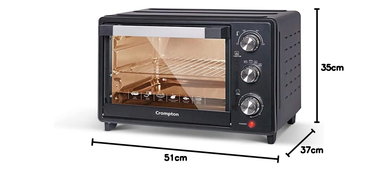 Black toaster oven with dimensions labeled on a white background