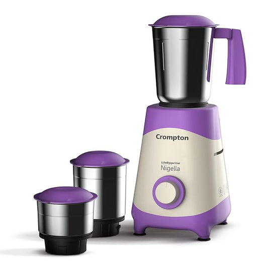 Purple and beige Crompton blender with three detachable jars on a white background