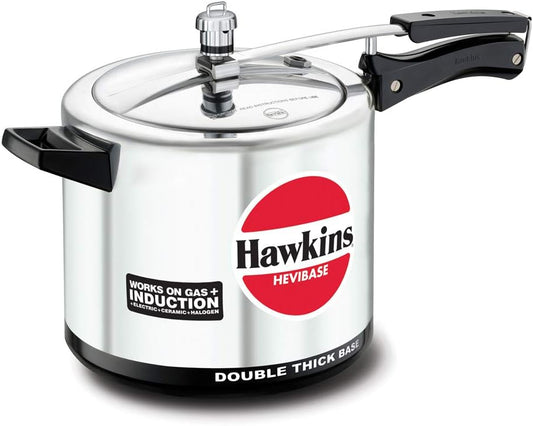 Stainless steel pressure cooker with Hawkins brand logo on a white background
