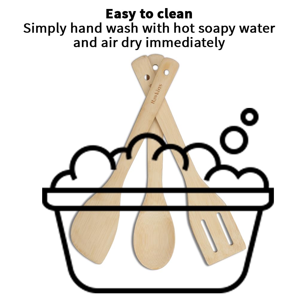 Hawkins Bamboo Spatula Set of 3 Natural Handmade Bamboo Kitchen Tools, Ladles, Turners, Flippers, Scrapers & Servers for Nonstick Cookware