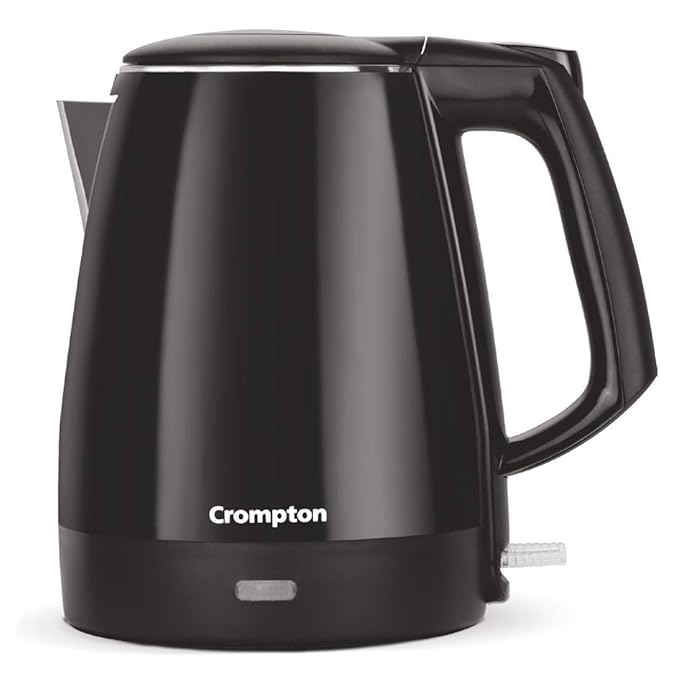 Black electric kettle with 'Crompton' branding on a white background
