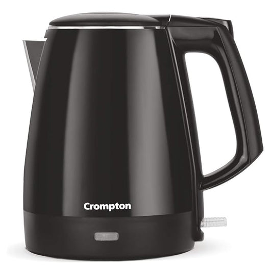 Black electric kettle with 'Crompton' branding on a white background